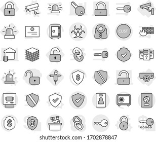 Editable thin line isolated vector icon set - unlock, biohazard vector, lock, customs, protected, inspector, passport, atm, key, identity card, life vest, locked, unlocked, alarm, shield, siren