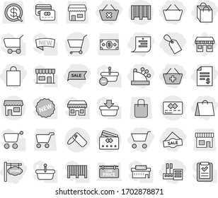 Editable thin line isolated vector icon set - cart, basket, account balance, add to, delete, store, shopping list, bag, label, sale, cashbox, signboard, credit card, bar code, shop, office vector