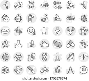 Editable thin line isolated vector icon set - dna vector, pipette, pill, potion bottle, virus, biohazard, kidneys, liver, ambulance sign, satellite, acid, chemical, electron, charge particle, edit