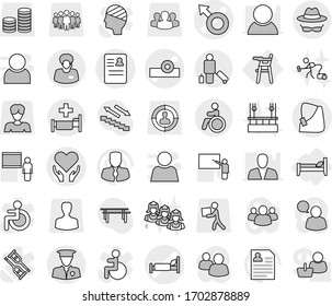 Editable thin line isolated vector icon set - male sign vector, head reflector, hospital bed, anamnesis, broken hand, health care, support manager, security man, confidential, passenger, invalid