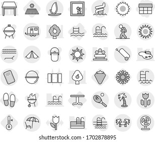 Editable thin line isolated vector icon set - market, flower bed, perishable, trailer, tourist, suitcase, tent, lounger, sun, palm, pool, aquapark, tennis, hammock, inflatable mattress, windsurfing