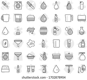 Editable thin line isolated vector icon set - funnel, pipette vector, test vial, potion bottle, drop, washing machine, cup, corkscrew, cauldron, measuring, barrel, sponge, water, splotch, sprayer