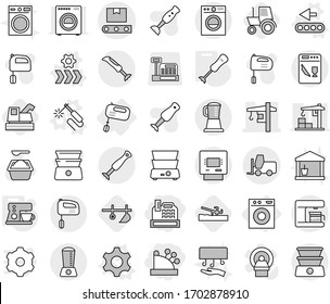 Editable thin line isolated vector icon set - cashbox, tower crane, fork loader, transporter tape, atm, washing machine, mixer, gear vector, welding, conveyor, blender, coffee maker, plow, harvester