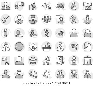 Editable thin line isolated vector icon set - hand coin, broken vector, doctor, under construction, architector, client, support manager, customs, control, do not trolley sign, security man, workman