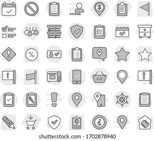 Editable thin line isolated vector icon set - add to cart, clipboard, remove from basket, dollar pin, sale, info, geo, important flag, terms, pen, check, protected, in, mobile checking, handwheel