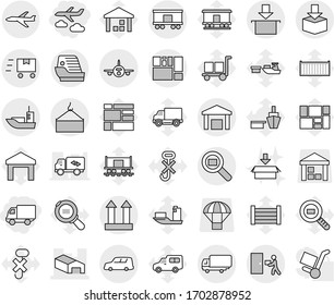 Editable thin line isolated vector icon set - delivery, journey, warehouse, plane, sea shipping, car, loading crane, consolidated cargo, top sign, courier, package, search, railroad, fast deliver
