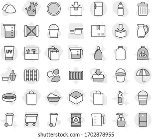 Editable thin line isolated vector icon set - shopping bag, box, tools, cleanser, dry cargo, package, pallet, uv cream, washing, measuring cup, bucket, vector, trash bin, garbage pile, liquid soap