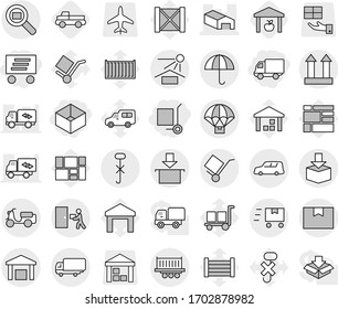 Editable thin line isolated vector icon set - box, delivery, cargo stoller, warehouse, truck shipping, car, scooter, package, trolley, dry, sun potection, top sign, do not hook, courier, search, no