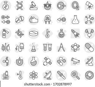 Editable thin line isolated vector icon set - artificial insemination vector, pipette, pill, flask, potion bottle, virus, kidneys, satellite, acid, chemical, magnetic field, electron, magnet, led