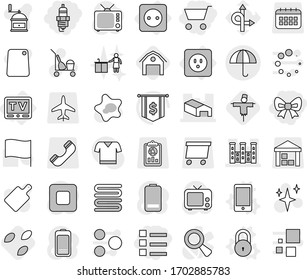 Editable thin line isolated vector icon set - cart, bow, list, spark plug, warehouse, palace, dry cargo, power socket, tv, phone vector, lock, seeds, barn, scarecrow, cleaner trolley, shining, towel