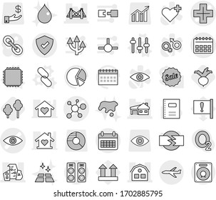 Editable thin line isolated vector icon set - eye vector, virus, calendar, cross, bridge, modern architecture, house with garage, protected, plane, cpu, setup, link, trees, beet, drop, clean floor