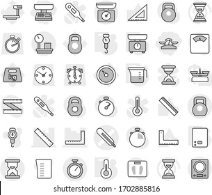 Editable thin line isolated vector icon set - market scales, medical thermometer vector, ruler, heavy, sand clock, warehouse, stopwatch, barometer, measuring cup, kitchen, handle, corner, weight