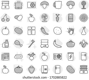 Editable thin line isolated vector icon set - chicken leg, apple vector, cooler fan, fridge, cup, potato, tomato, carrot, hot pepper, cherry, mushroom, corn, pear, beet, strawberry, peas, shampoo