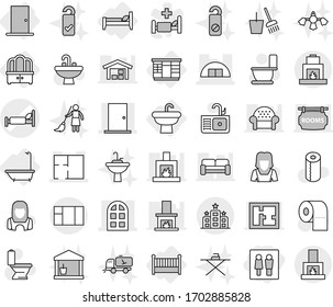 Editable thin line isolated vector icon set - wc, hospital bed vector, hangare, door, arch window, plan, hotel, sink, bath, wardrobe, dresser, crib, toilet, paper, cleaner woman, bucket and broom