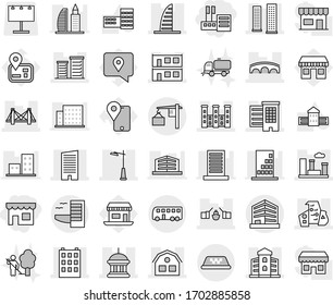Editable thin line isolated vector icon set - shop, store, bridge, drawbridge, houses, goverment house, building, skyscrapers, skyscraper, modern architecture, modular, district, city, palace, bus
