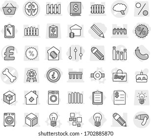 Editable thin line isolated vector icon set - pencil, add to basket, percent, equalizer, info, bone vector, brain, bridge, 3d, smart house, fence, bulb, blocks, connect, eggplant, washer, cake, home