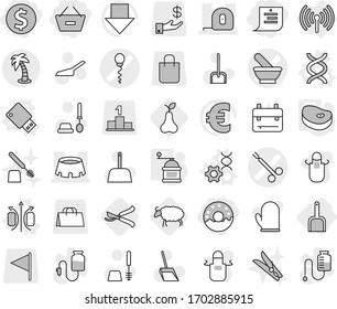 Editable thin line isolated vector icon set - dollar coin, remove from basket, shopping list, donut, mortar vector, sperm, surgical clamp, measuring tape, stadium, palm, wireless, scoop, dna, edit