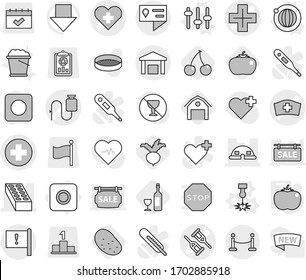 Editable thin line isolated vector icon set - medical cross vector, heart, crutch, dropper, hat, brick, dome house, location details, important flag, warehouse, vip fence, ring button, laser, orbit