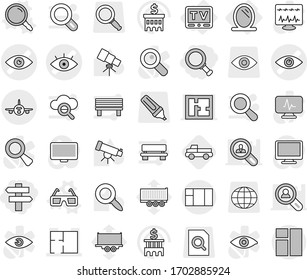 Editable thin line isolated vector icon set - magnifier, singlepost, eye vector, plan, plane, mirror, tv, 3d glasses, pickup, telescope, bank building, truck trailer, search document, globe, marker