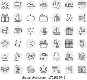 Editable thin line isolated vector icon set - gift, bow, plane, bus, tourist, passenger, lounger, palm, hawaiian wreath, disco ball, aquapark, starfish, baggage trolley, hotel, reception, golf, cake