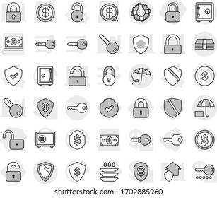Editable thin line isolated vector icon set - lock, unlock, money, insurance, lounger, key, safe, shield, lifebuoy, locked, unlocked, plate washing, vector, dollar coin, protected, arrow, password