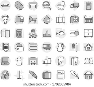 Editable thin line isolated vector icon set - tooth vector, truck shipping, suitcase, life vest, yacht, drop, toilet, table, data search, conveyor, towel, cereals, fish, cow, jug, potato, rake, pen