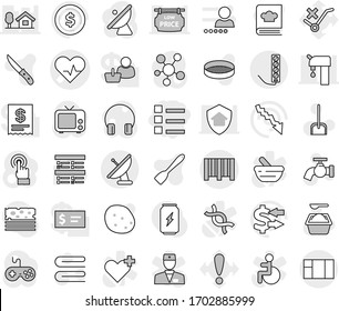 Editable thin line isolated vector icon set - list, heart pulse vector, bar code, scoop, towel, water tap, washing powder, spatula, knife, cookbook, sieve, potato, exam, exchange, dollar coin, tv