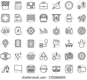 Editable thin line isolated vector icon set - remove from basket, sale, medical cross vector, calendar, rack, magnetic field, magnet, flour, vacuum cleaner, shining, trash bin, garden cleaning, case