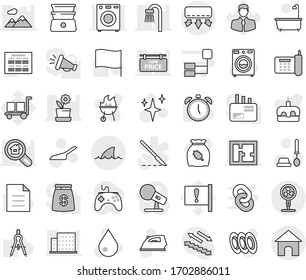 Editable thin line isolated vector icon set - shark flipper, scoop vector, water drop, shining, iron, bath, toilet brush, washer, double boiler, bbq, plates, cereal, cake, drawing compass, schedule