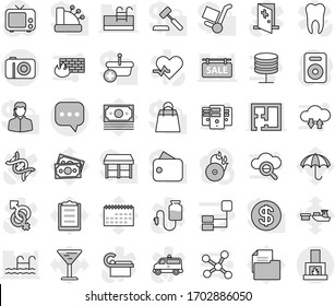 Editable thin line isolated vector icon set - sms, money vector, calendar, port, clipboard, document, glass, umbrella, music hit, tv, speaker, heart pulse, gender sign, dna, amkbulance car, tooth