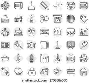 Editable thin line isolated vector icon set - pencil, crutch vector, phone, loading, anchor, barometer, remote control, microwave oven, fork spoon plate, sieve, wheelbarrow, thermometer, tractor, tv