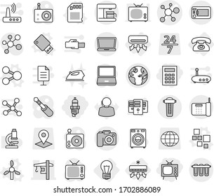 Editable thin line isolated vector icon set - calculator, spark plug, tv, virus vector, tower crane, globe, camera, bulb, air conditioning, phone, blocks, share, windmill, usb flash, sd card, washer