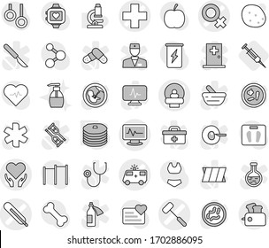 Editable thin line isolated vector icon set - medical cross vector, thermometer, female sign, ambulance car, monitor pulse, tomography, health care, doctors hammer, pancakes, syringe, liquid soap