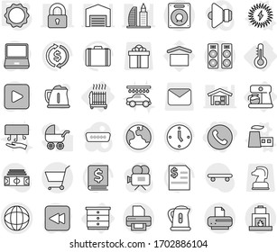 Editable thin line isolated vector icon set - phone, globe, earth, cart, thermometer, chest of drawers, radiator, coffee maker, factory vector, solar power, induction oven, car wash, hand dryer