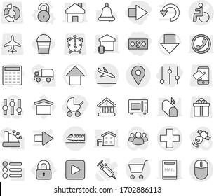 Editable thin line isolated vector icon set - money, right arrow, equalizer, baby stroller, medical cross vector, disability, home, geo pin, cart, train, arrival, locked, unlock, bucket, bell, down