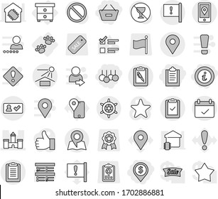 Editable thin line isolated vector icon set - clipboard, remove from basket, dollar pin, sale, info, castle, geo, important flag, mobile location, terms, pen, check, sun potection, in, map, pets