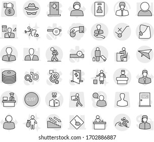 Editable thin line isolated vector icon set - hand coin, broken vector, doctor, hospital recieption, under construction, architector, client, customs, control, do not trolley sign, confidential, man