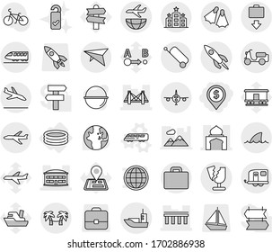 Editable thin line isolated vector icon set - dollar pin, bridge, airport building, minaret, sea shipping, scooter, rocket, plane, broken, train, trailer, deltaplane, suitcase, baggage get, arrival
