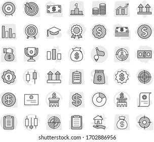 Editable thin line isolated vector icon set - dollar coin, money, medal, clipboard, golf, chart vector, housing, graduate hat, award cup, certificate, pie graph, japanese candle, bag, bank building