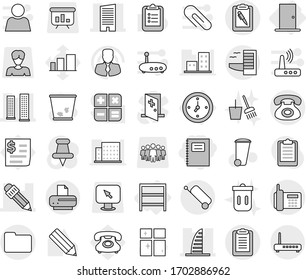 Editable thin line isolated vector icon set - copybook, skyscrapers, skyscraper, pencil, phone, clipboard, pen, documents, suitcase, hotel, watch, rack, door, trash bin vector, shining window, team