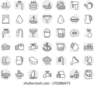 Editable thin line isolated vector icon set - funnel, sea shipping, port, anchor, broken, pool, diving mask, cruise ship, windsurfing, water tap, washing, plate, pipes vector, measuring cup, jug