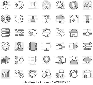 Editable thin line isolated vector icon set - smart house, wireless, share vector, chip, cloud, data transfer, woman, diagram, antenna, connect, connection, server, network folder, shield, big, gear