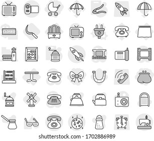 Editable thin line isolated vector icon set - bow, purse, baby stroller, church, phone, rocket, disco ball, curtain, table, dresser, plug vector, walnut crack, hand mill, sickle, horseshoe, windmill