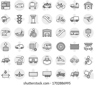 Editable thin line isolated vector icon set - cargo stoller, bike, ambulance helicopter vector, airport tower, plane, sea shipping, car, sun potection, package, railroad, trailer, bus, motorcycle