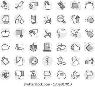 Editable thin line isolated vector icon set - hand coin, cargo stoller, broken vector, do not hook sign, acid, handwheel, electric magnet, data search, rag, harvest, soap, cleaner trolley, wiping