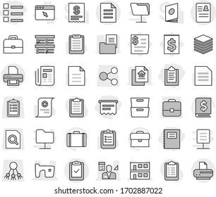 Editable thin line isolated vector icon set - clipboard, atm receipt, list, copybook, anamnesis vector, slum, modular house, architector, check, document, browser window, case, certificate, archive