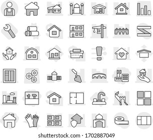 Editable thin line isolated vector icon set - store, home, tools, greate wall, bridge, minaret, house with garage, modular, panel, window, city, construction, tower crane, plan, real estate, workman