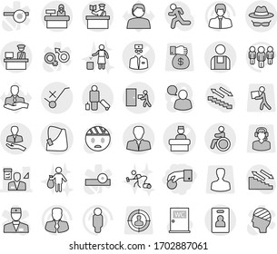 Editable thin line isolated vector icon set - hand coin, broken vector, doctor, hospital recieption, architector, client, customs control, do not trolley sign, courier delivery, workman, passenger