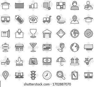 Editable thin line isolated vector icon set - cargo stoller, railroad shipping, signpost vector, earth, map pin, Railway carriage, office, money, traffic light, phone, support, client, truck trailer