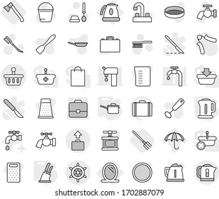 Editable thin line isolated vector icon set - basket, baggage, handwheel, mirror, kettle, saute pan, knife holder, fork, axe, fetlock vector, bucket, water tap, car, toilet brush, measuring cup